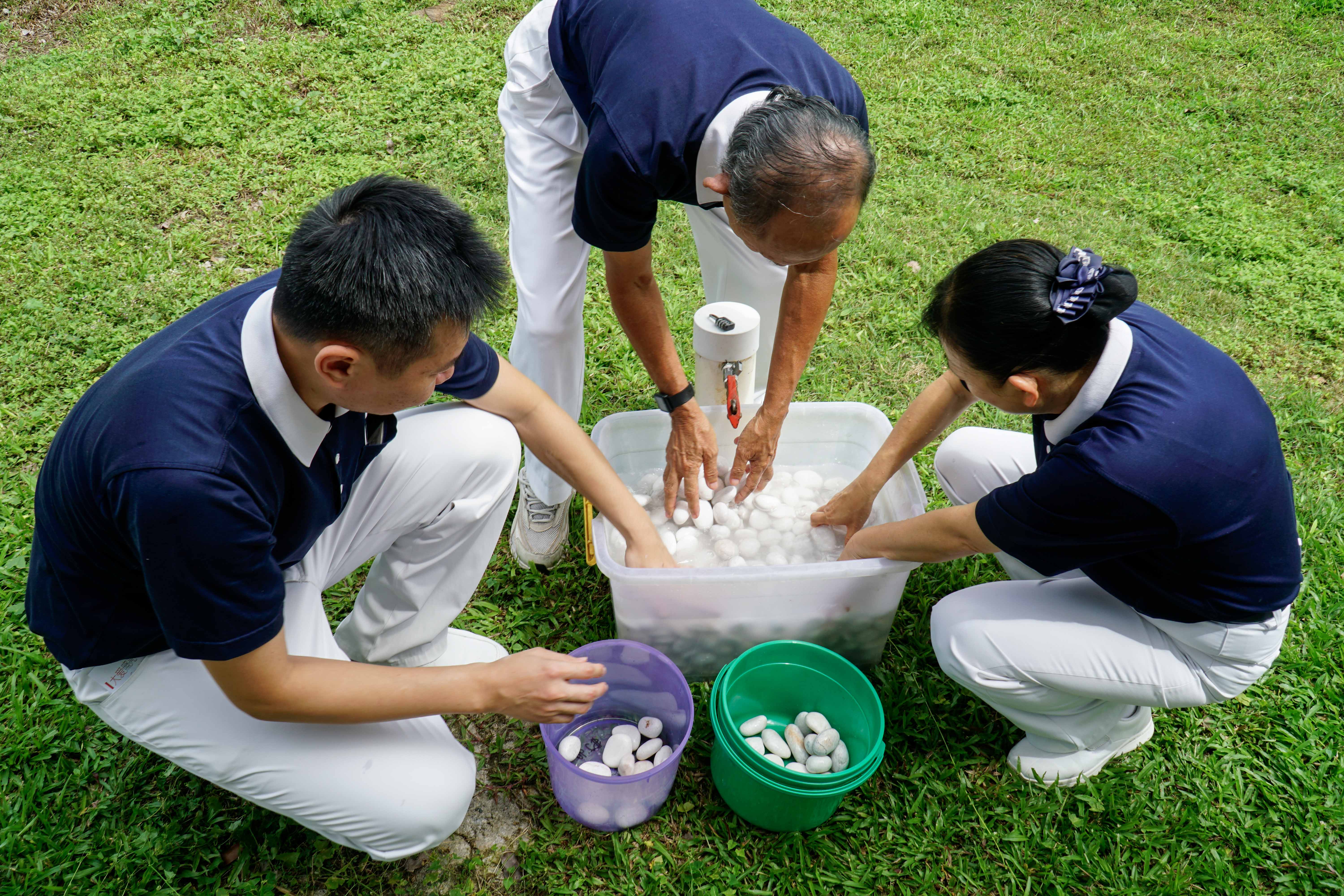 志工们用心打扫，连一颗颗不起眼的小石子，都被仔细洗刷得干干净净。摄/ 郑炳荣